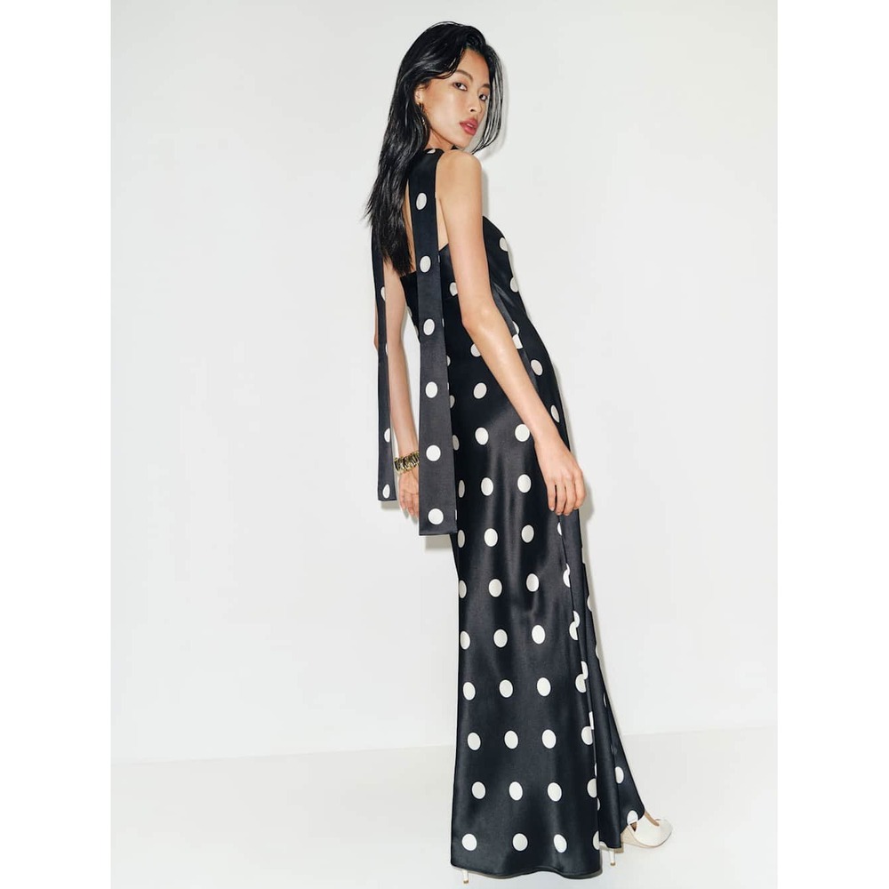 Reformation Oren Silk Dress Black White Polka Dot Scarf Neck Strapless Maxi NEW - Picture 2 of 6